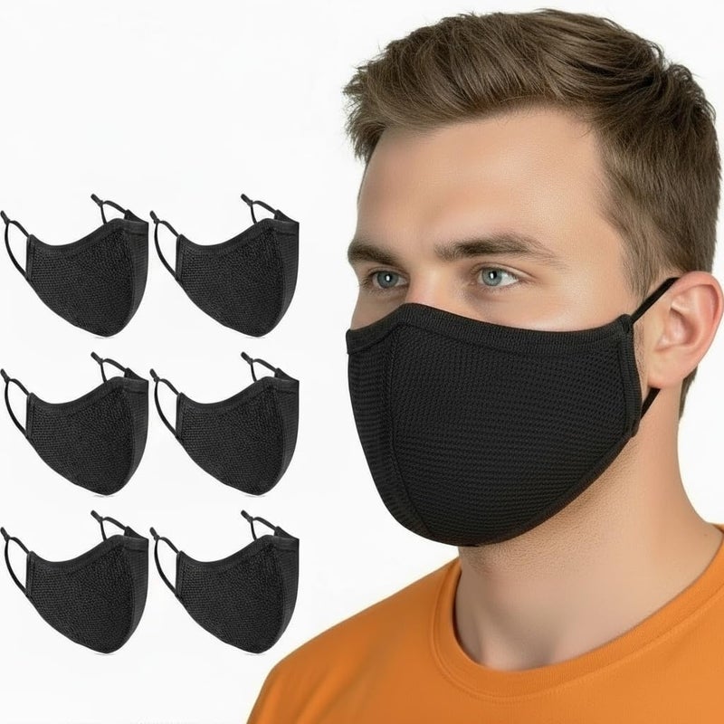 BeatBasic Black Cloth Face Mask,3 Ply BB-9201 Material, Reusable Fabric Washable for Men Women Adult Large Pack 6 - Image 1